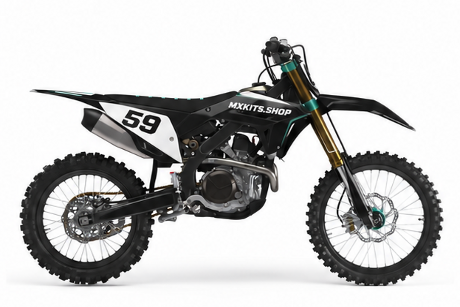Black teal and white Honda CRF custom motocross graphics kit in clean side view