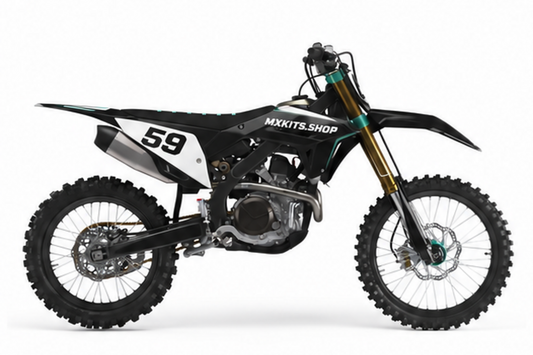 Honda CRF Motocross-Dekor-Kit in Schwarz, Türkis und Weiß in klarer Seitenansicht