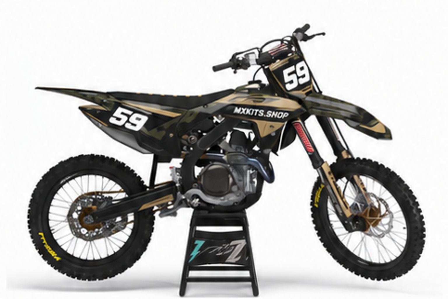 Red Black Honda CRF custom motocross graphics kit in side view with personalized race number