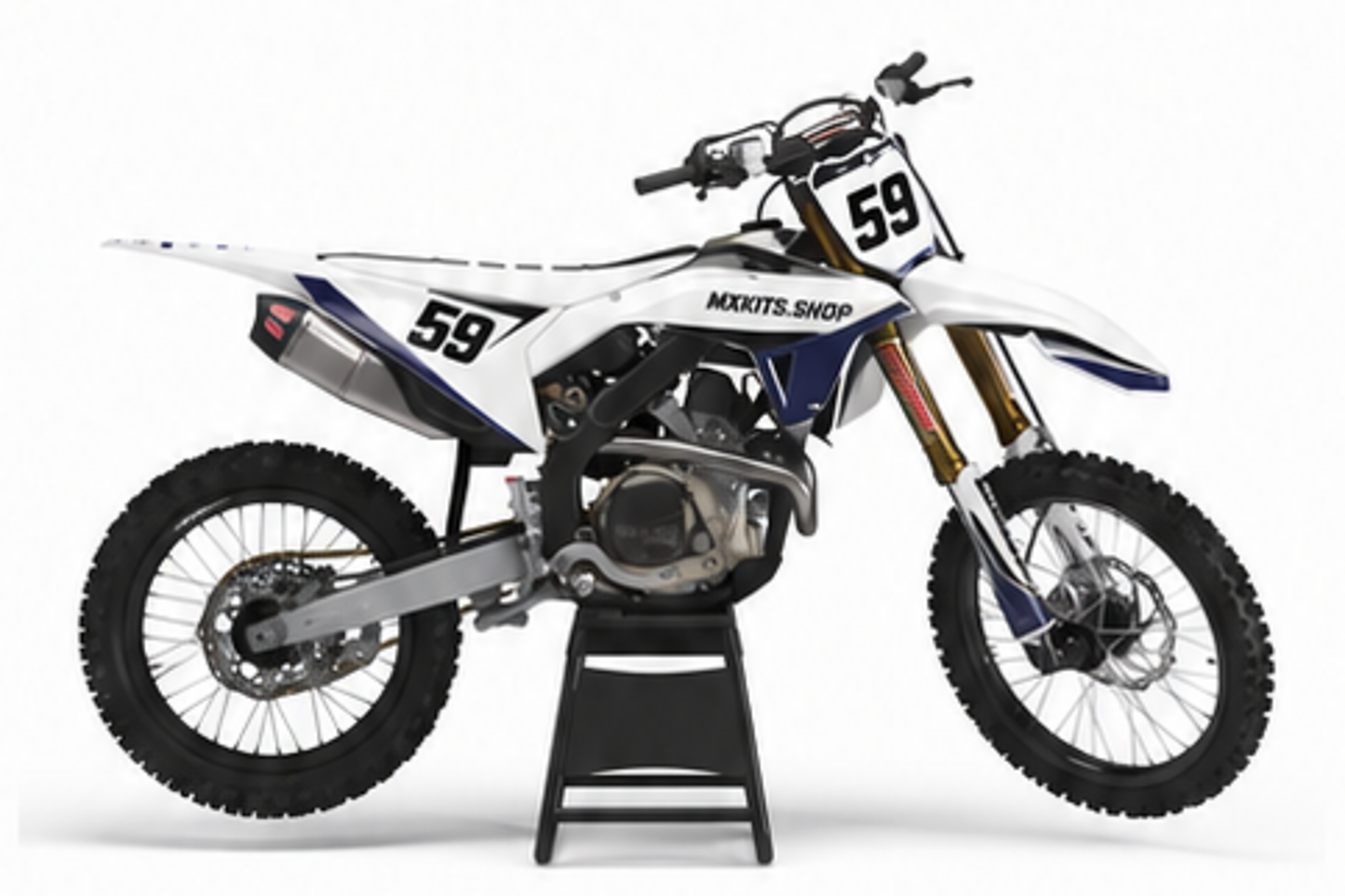 Red Blue Honda CRF custom motocross graphics kit in side view with personalized race number