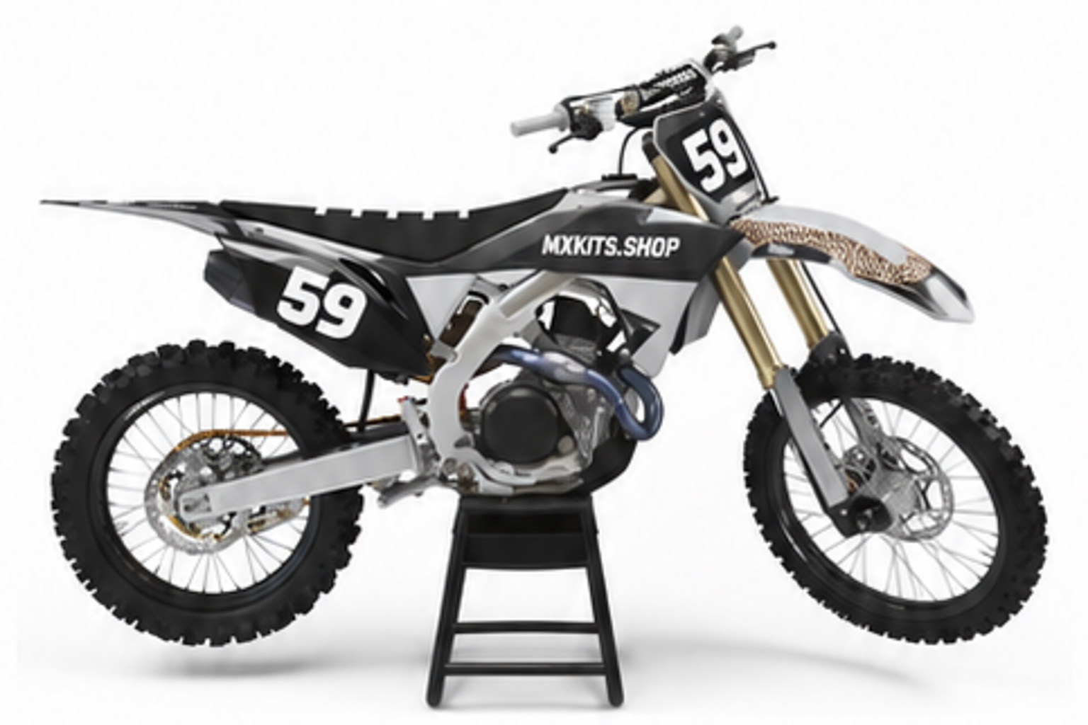 Grey Black Honda CRF custom motocross graphics kit in side view with personalized race number