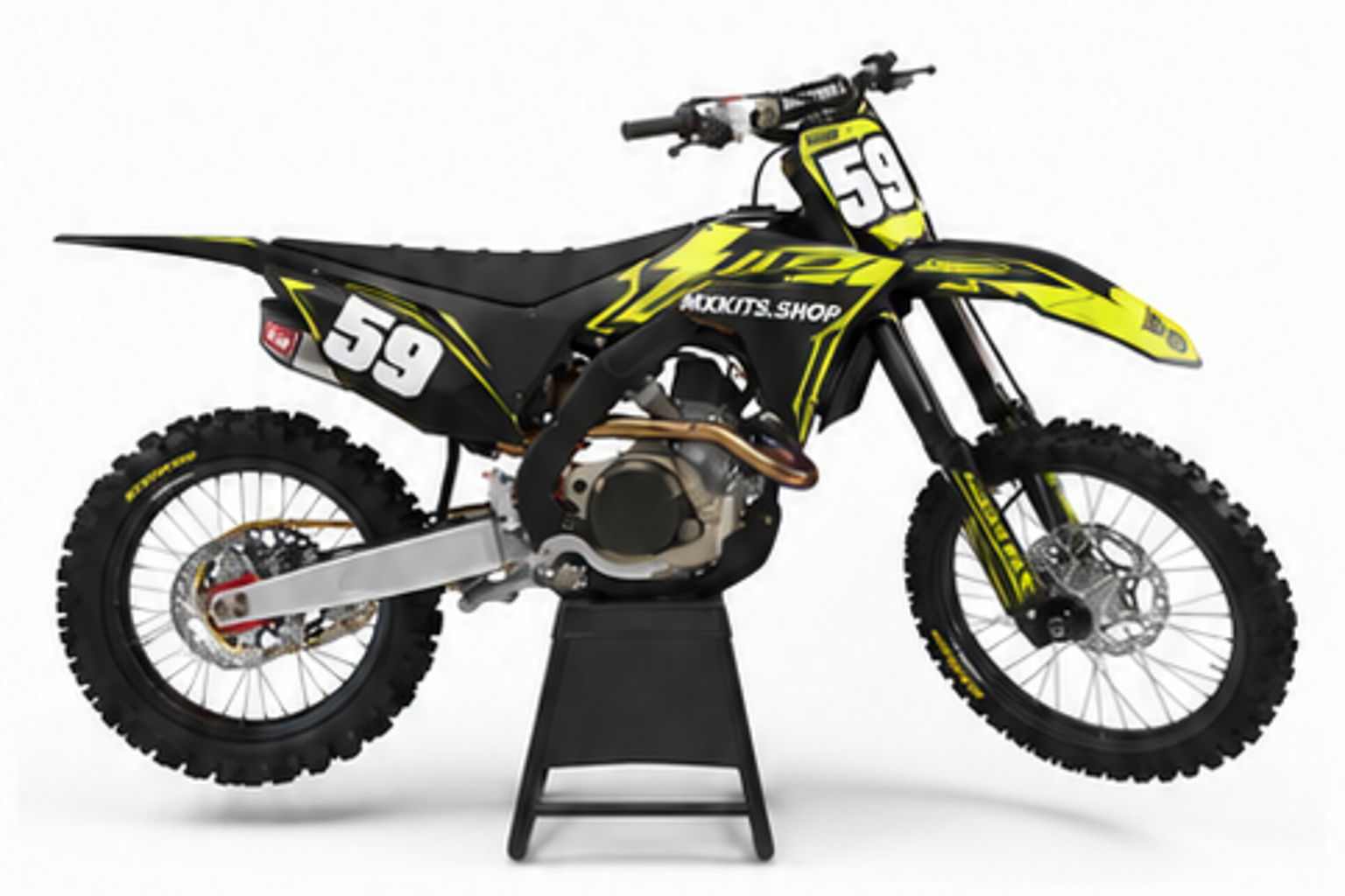 Lime Black Honda CRF custom motocross graphics kit in side view with personalized race number
