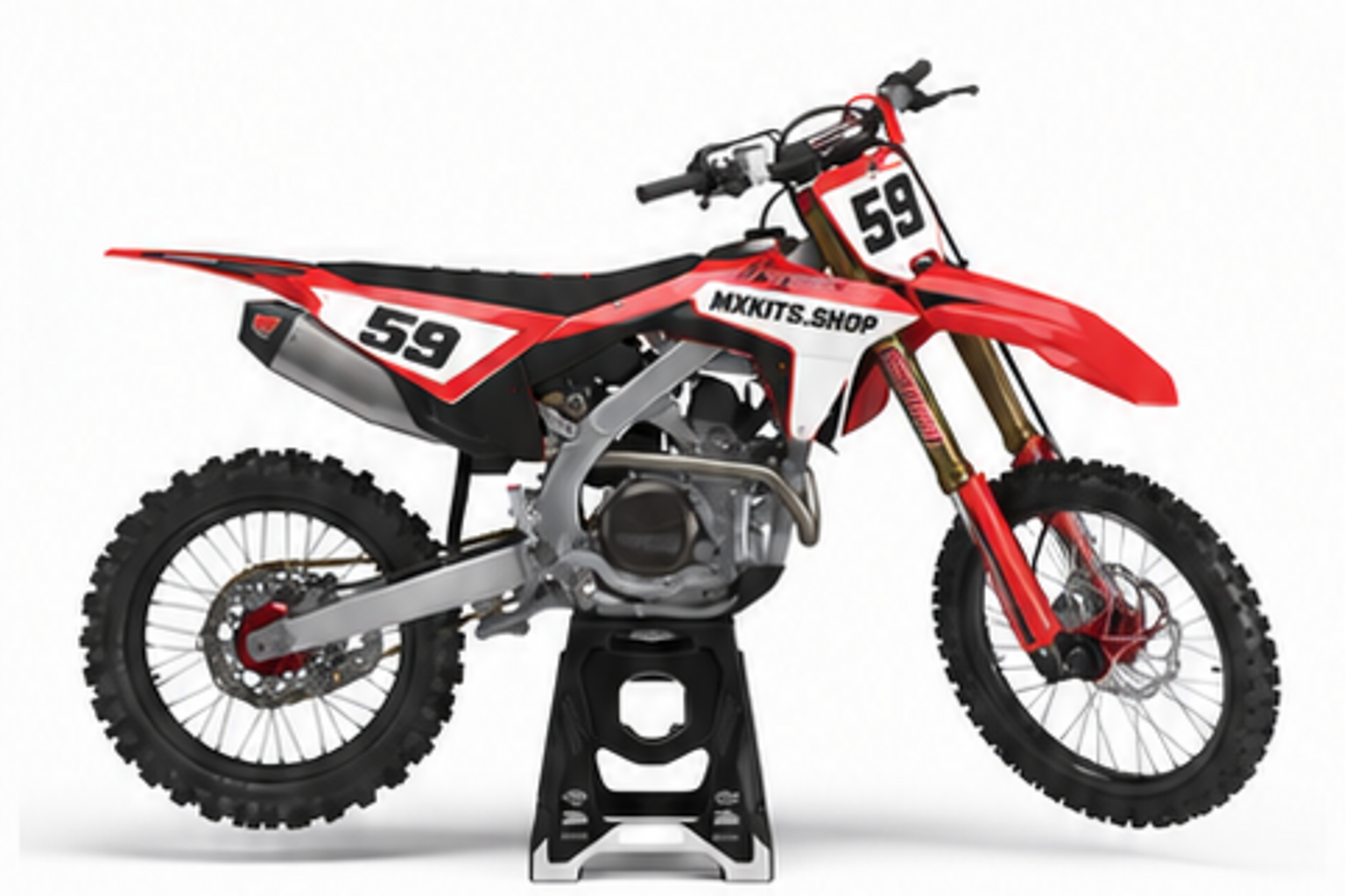 Red Black Honda CRF custom motocross graphics kit in side view with personalized race number