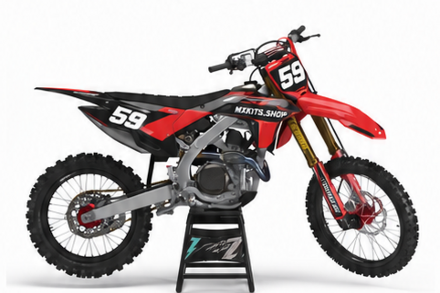 Red Black Honda CRF custom motocross graphics kit in side view with personalized race number