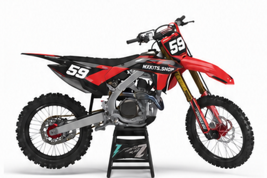 Honda CRF Motocross-Dekor-Kit in Rot, Schwarz in Seitenansicht mit personalisierter Startnummer