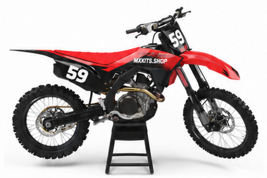 Honda CRF Motocross-Dekor-Kit in Rot, Schwarz in Seitenansicht mit personalisierter Startnummer