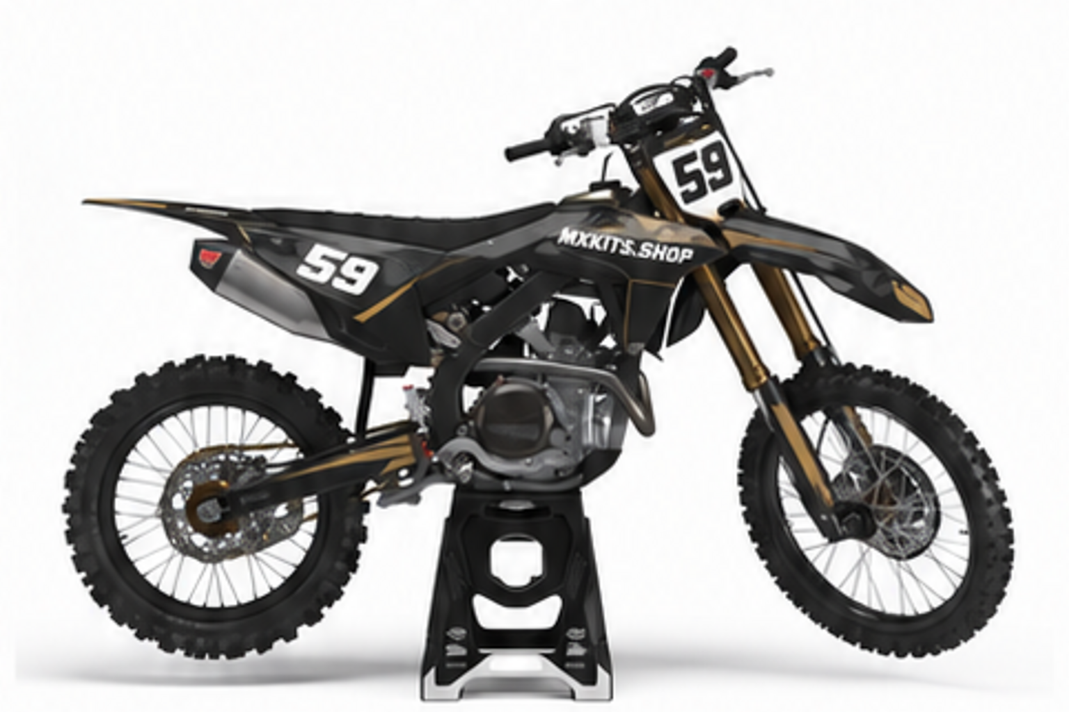 Red Black Honda CRF custom motocross graphics kit in side view with personalized race number