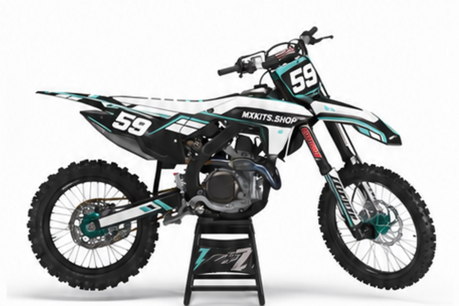 Teal Black Honda CRF custom motocross graphics kit in side view with personalized race number