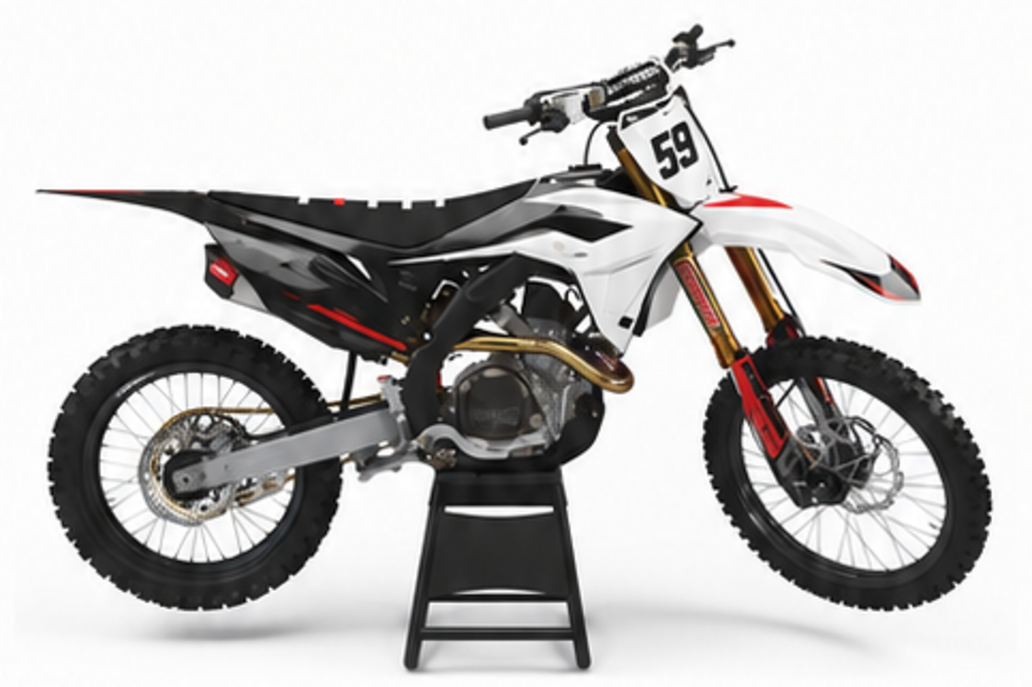 Red Black Honda CRF custom motocross graphics kit in side view with personalized race number