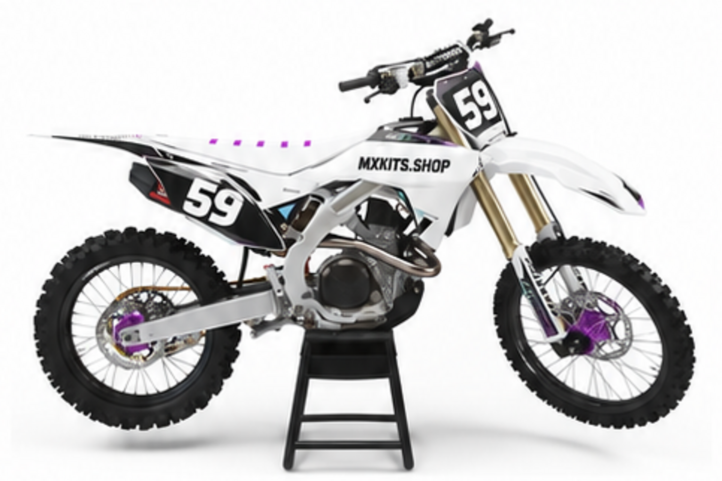 White Red Honda CRF custom motocross graphics kit in side view with personalized race number