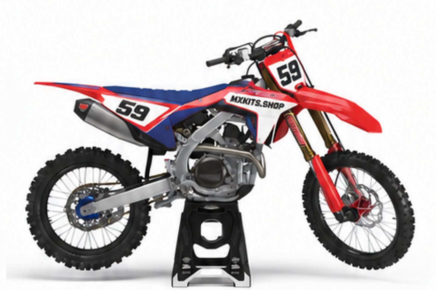 Red Blue Honda CRF custom motocross graphics kit in side view with personalized race number