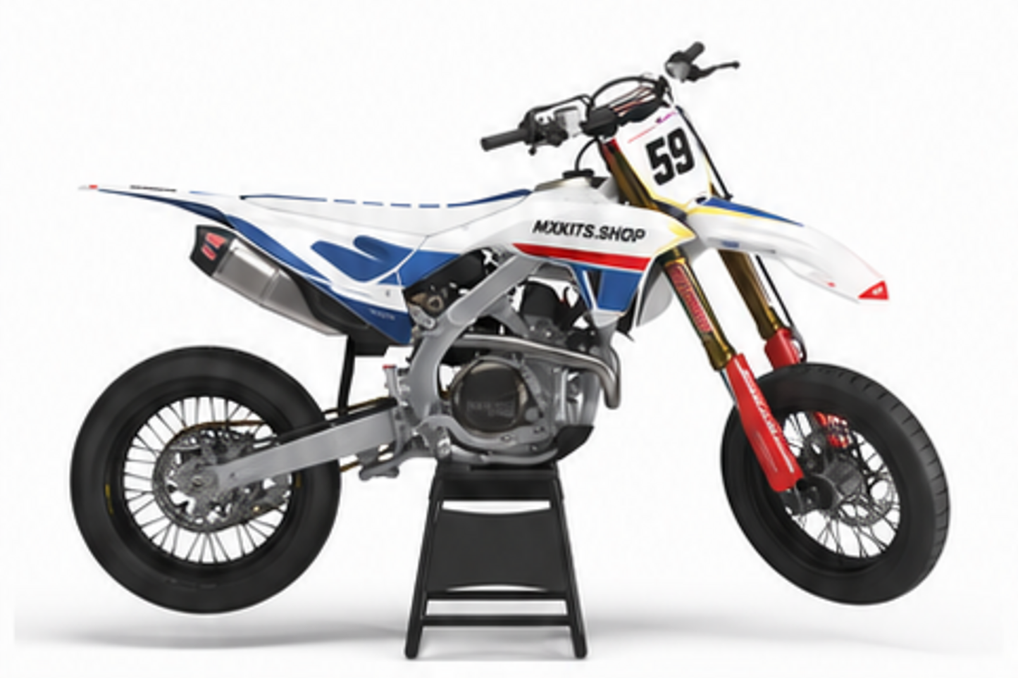 White Red Honda CRF custom motocross graphics kit in side view with personalized race number