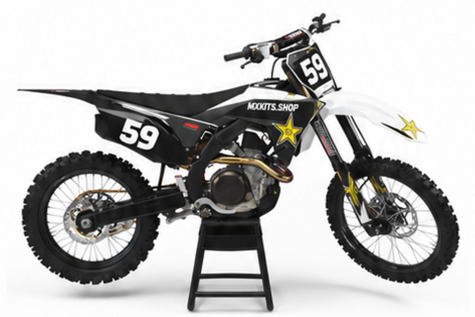 Red Black Honda CRF custom motocross graphics kit in side view with personalized race number