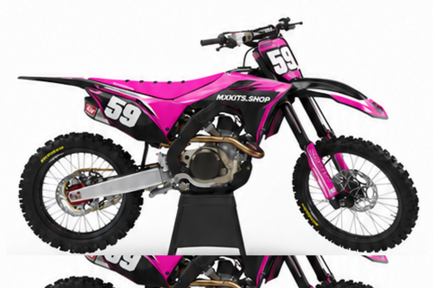 Magenta Red Honda CRF custom motocross graphics kit in side view with personalized race number