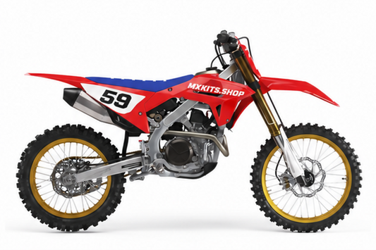 Honda CRF Motocross-Dekor-Kit im Retrolook in Rot, Blau und Weiß mit goldenen Felgenakzenten