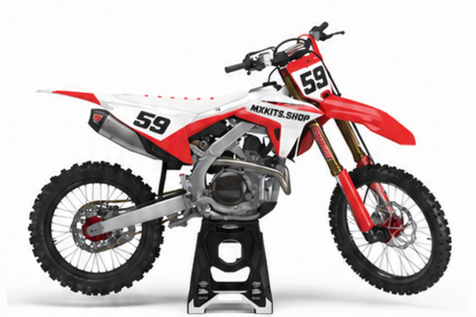 Red Black Honda CRF custom motocross graphics kit in side view with personalized race number