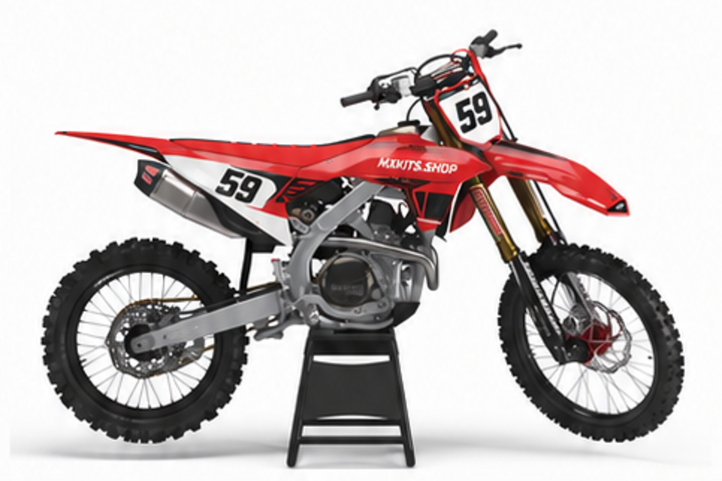 Red Black Honda CRF custom motocross graphics kit in side view with personalized race number