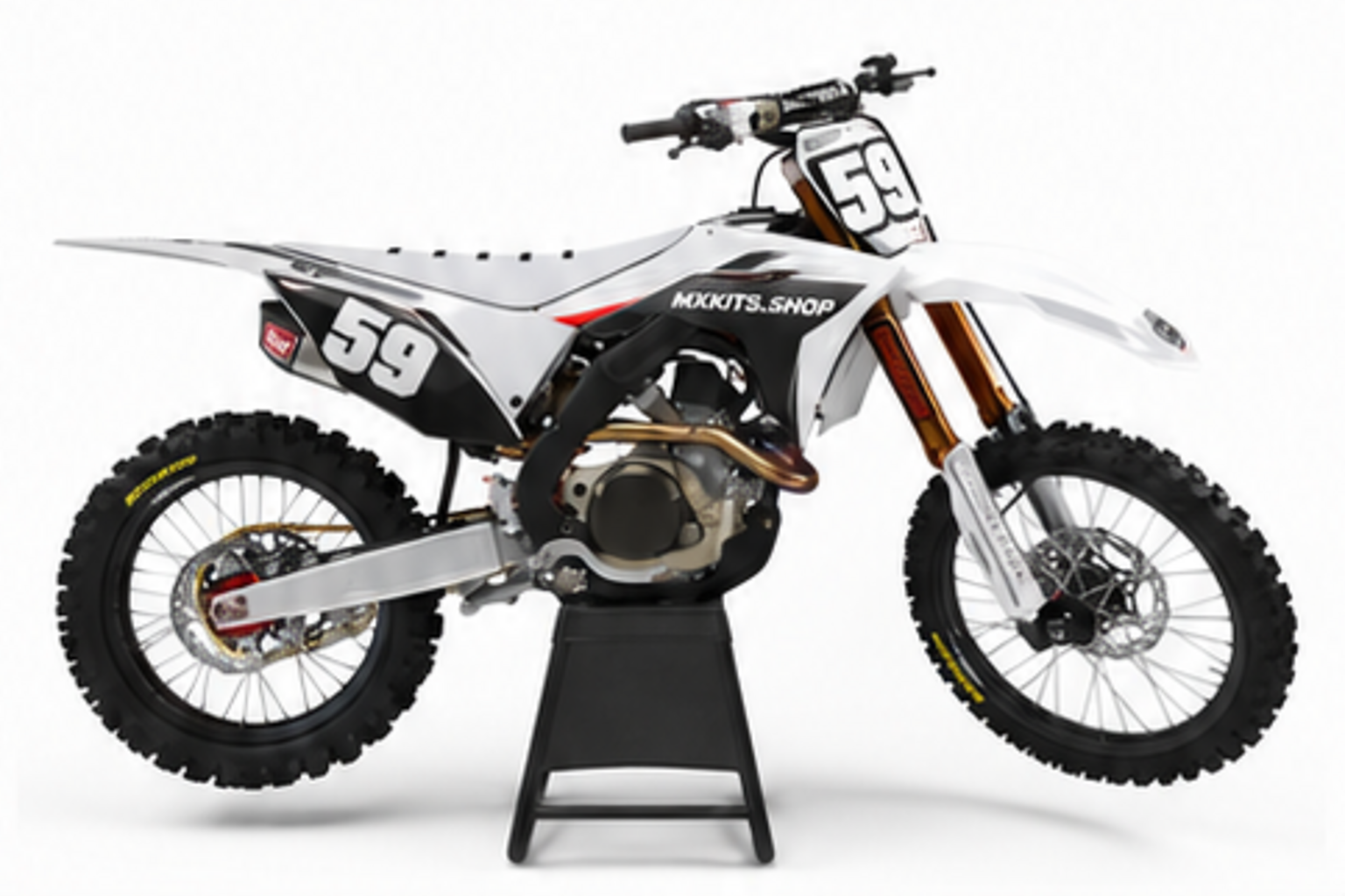 Grey Black Honda CRF custom motocross graphics kit in side view with personalized race number