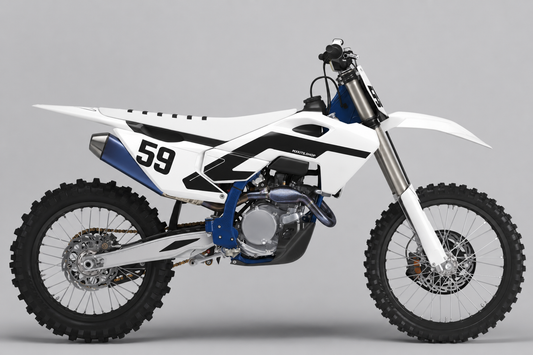Minimalistisches weiß-schwarz-marineblaues Husqvarna-Dekor-Kit mit Startnummer 59 auf dem hinteren Seitenteil und der vorderen Startnummerntafel