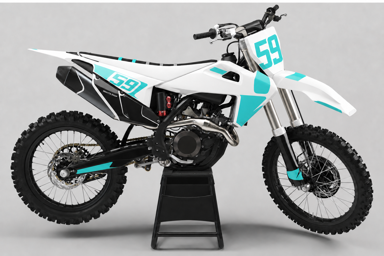 White, black and teal Husqvarna motocross decal kit with number 59 displayed on a plain black stand