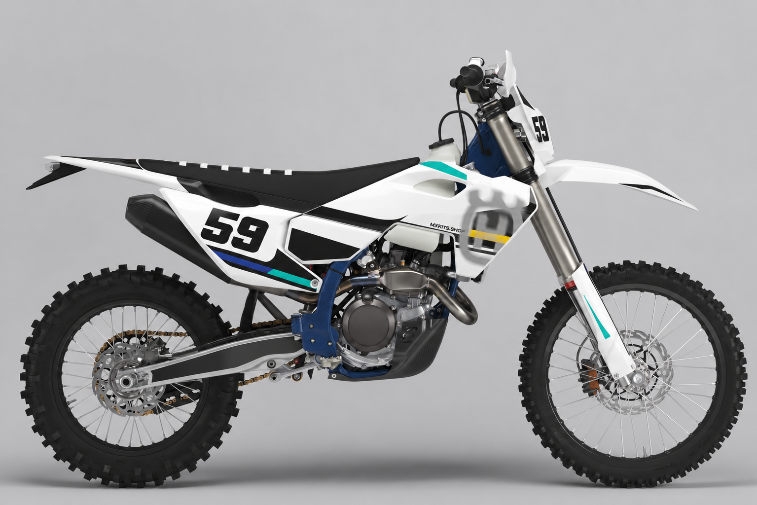 White black teal and blue Husqvarna motocross graphics with number 59 and clean sponsor free styling