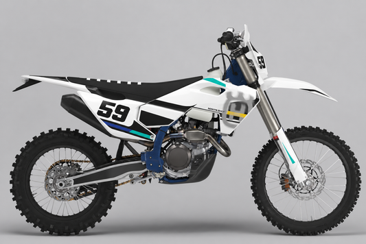 Weißes, schwarzes, blaugrünes und blaues Husqvarna Motocross-Dekor mit Startnummer 59 in klarer Gestaltung ohne Sponsorenlogos