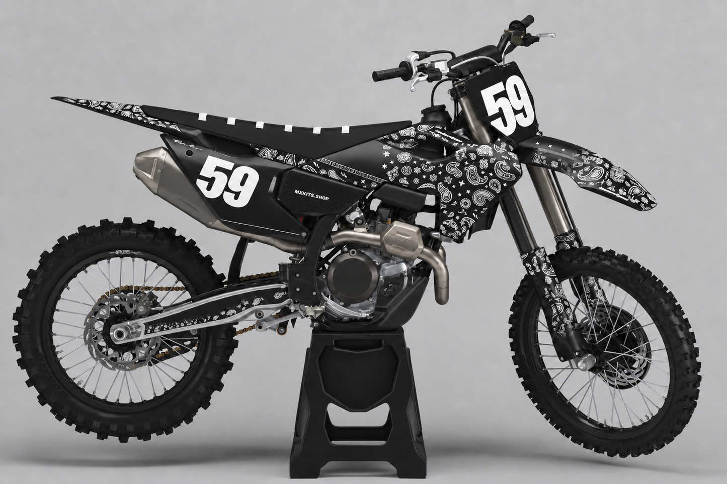 Black and white paisley Husqvarna custom MX graphics with number 59 on the front plate and rear side panel