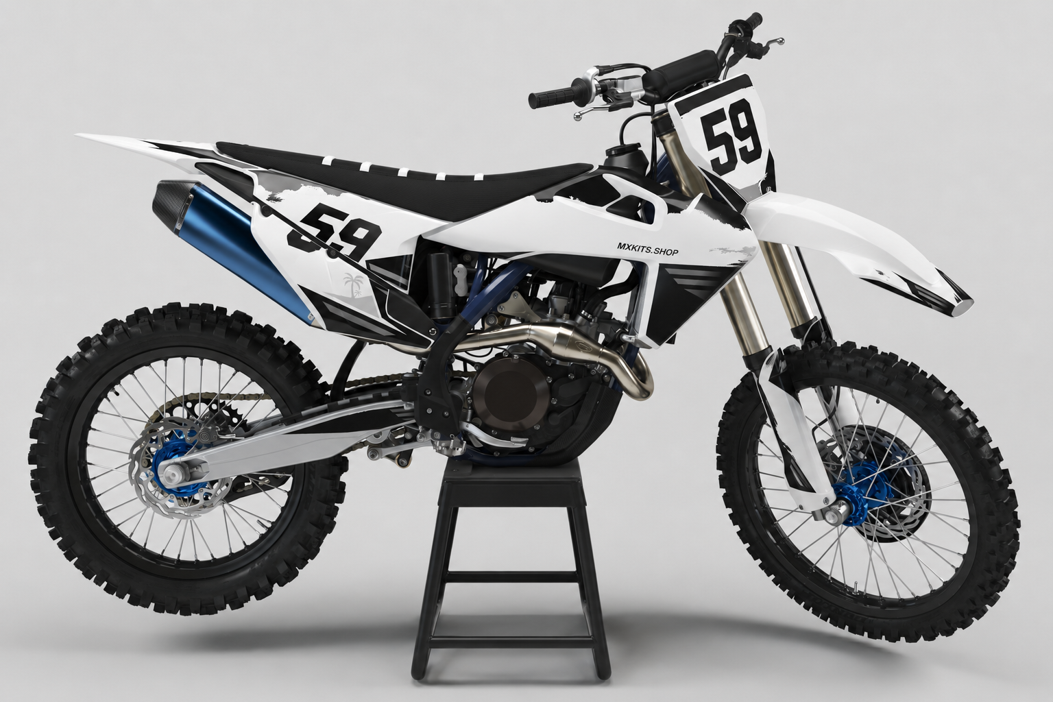 Black and white brush style Husqvarna motocross decals with number 59, subtle palm details and a blue exhaust