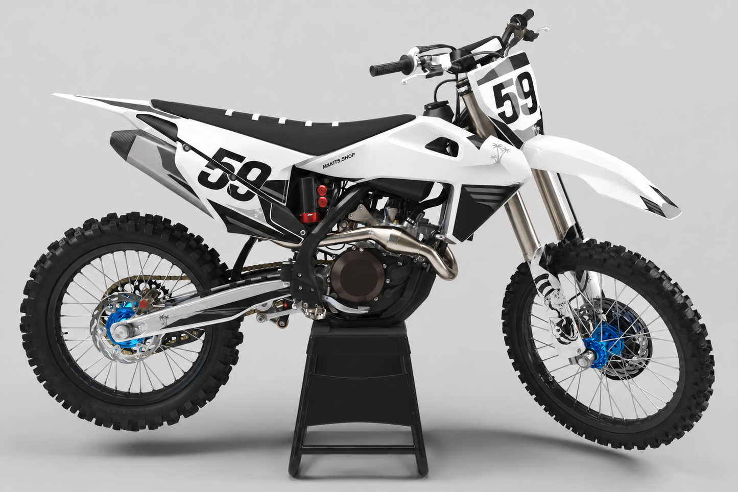 White black and grey Husqvarna motocross decal set with number 59 palm details and blue hubs