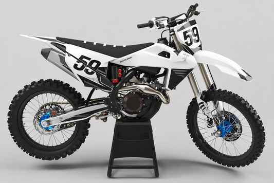 Weißes, schwarzes und graues Husqvarna Motocross-Dekor-Kit mit Startnummer 59, Palmen-Details und blauen Radnaben