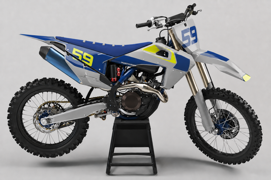 Individuelles blau-graues Husqvarna-MX-Dekor mit fluoreszierend gelben Details und Startnummer 59
