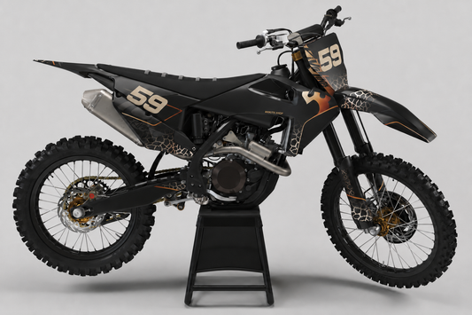 Mattschwarzes und kupferfarbenes Husqvarna Motocross-Dekor-Kit mit Startnummer 59 und Bruchmuster