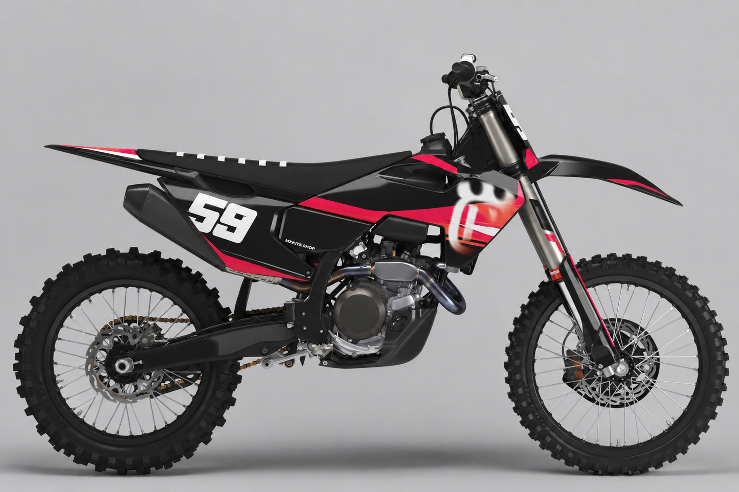 Black red and white Husqvarna custom motocross graphics with number 59 and abstract eye artwork