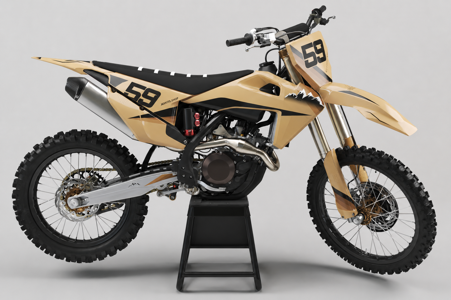 Sand beige, black and brown Husqvarna motocross graphics kit with number 59 and mountain detailing