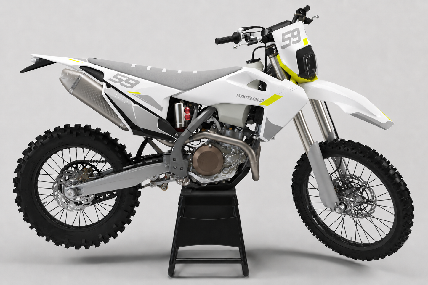 White and light grey Husqvarna motocross decal set with yellow accents and number 59 on front and rear panels