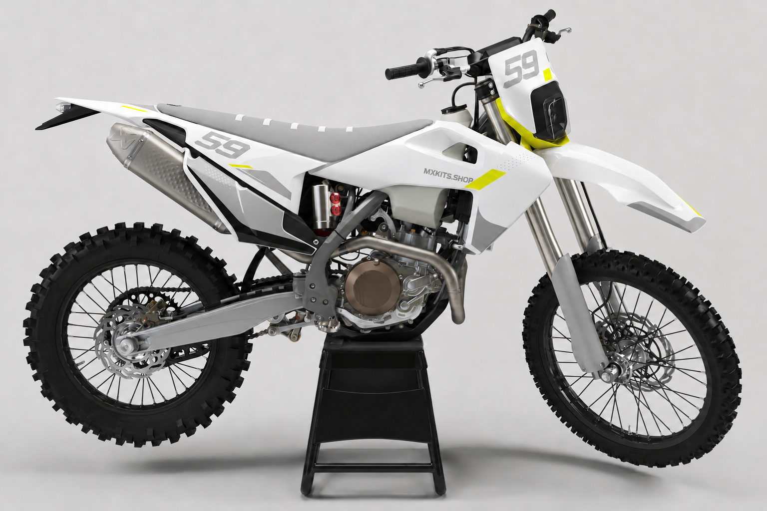 White and light grey Husqvarna motocross decal set with yellow accents and number 59 on front and rear panels