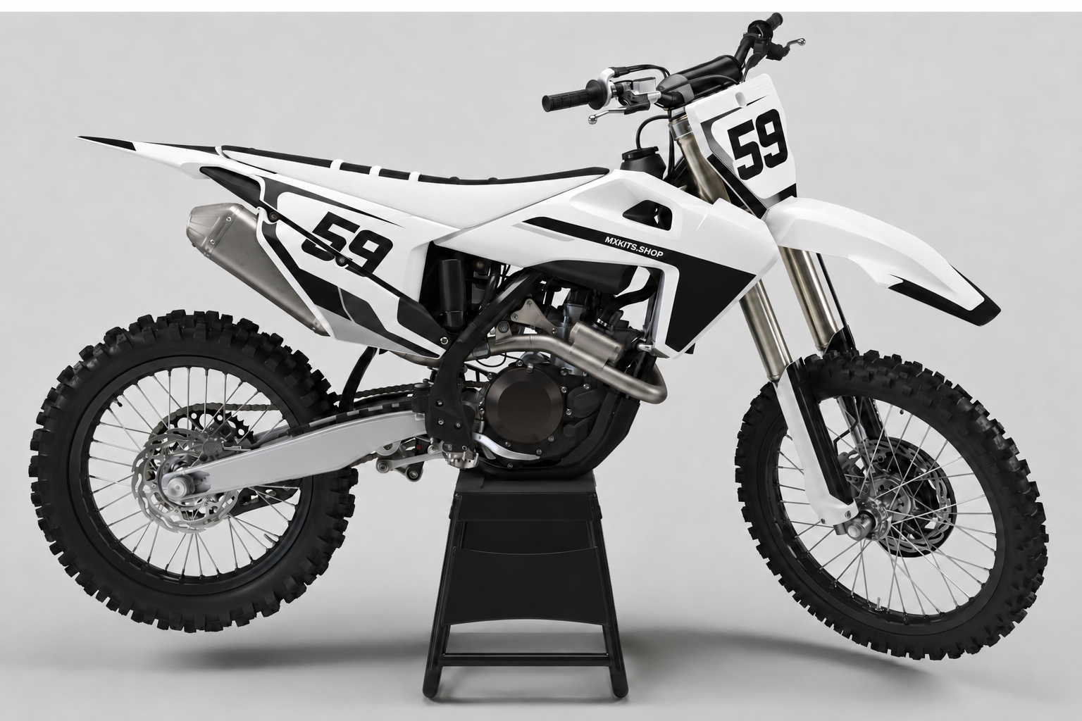 Monochrome white and black Husqvarna motocross graphics with number 59 and sharp cutline panels on a black stand