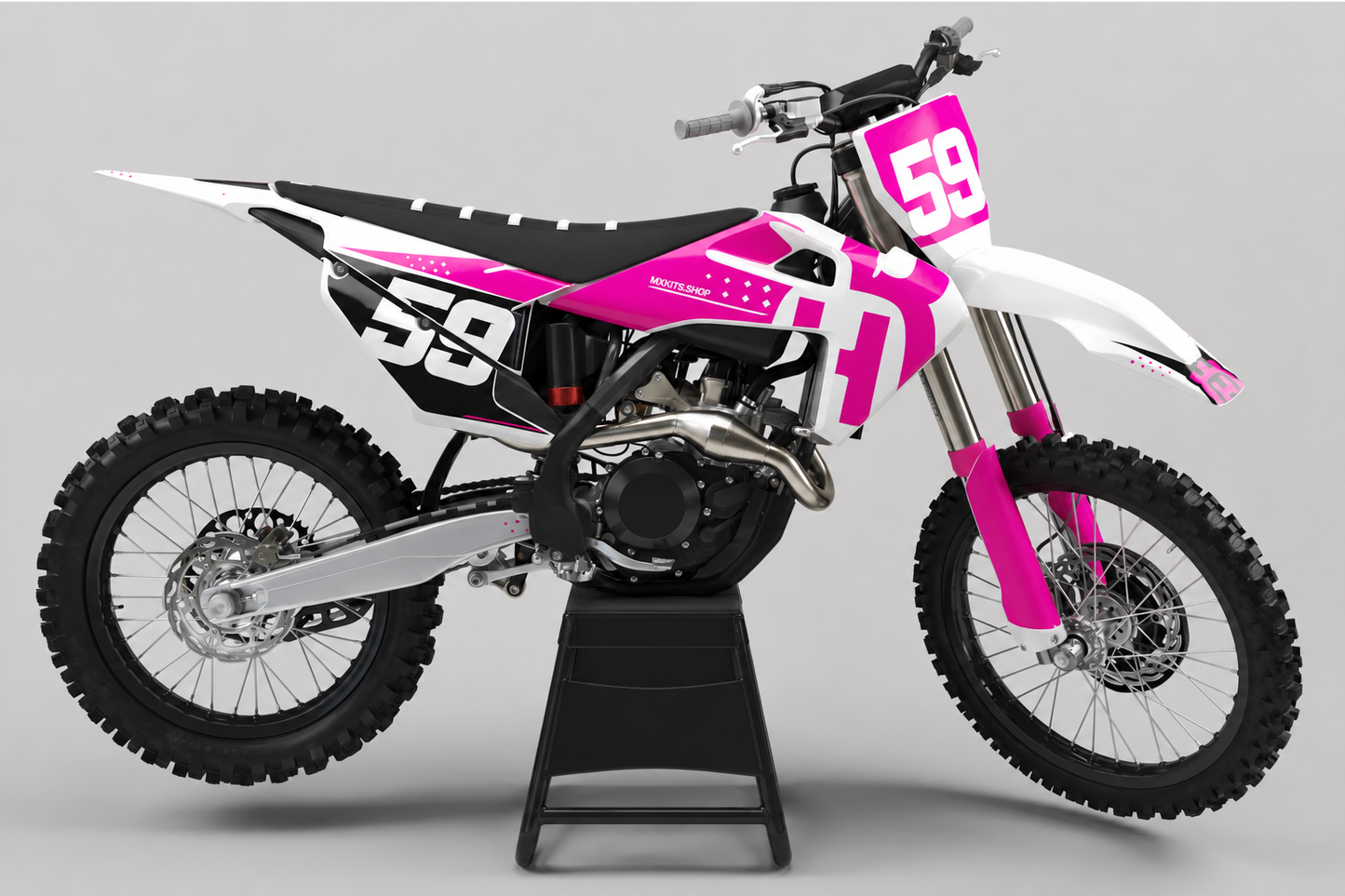White and magenta Husqvarna motocross decal kit with number 59 and clean sponsor free graphics