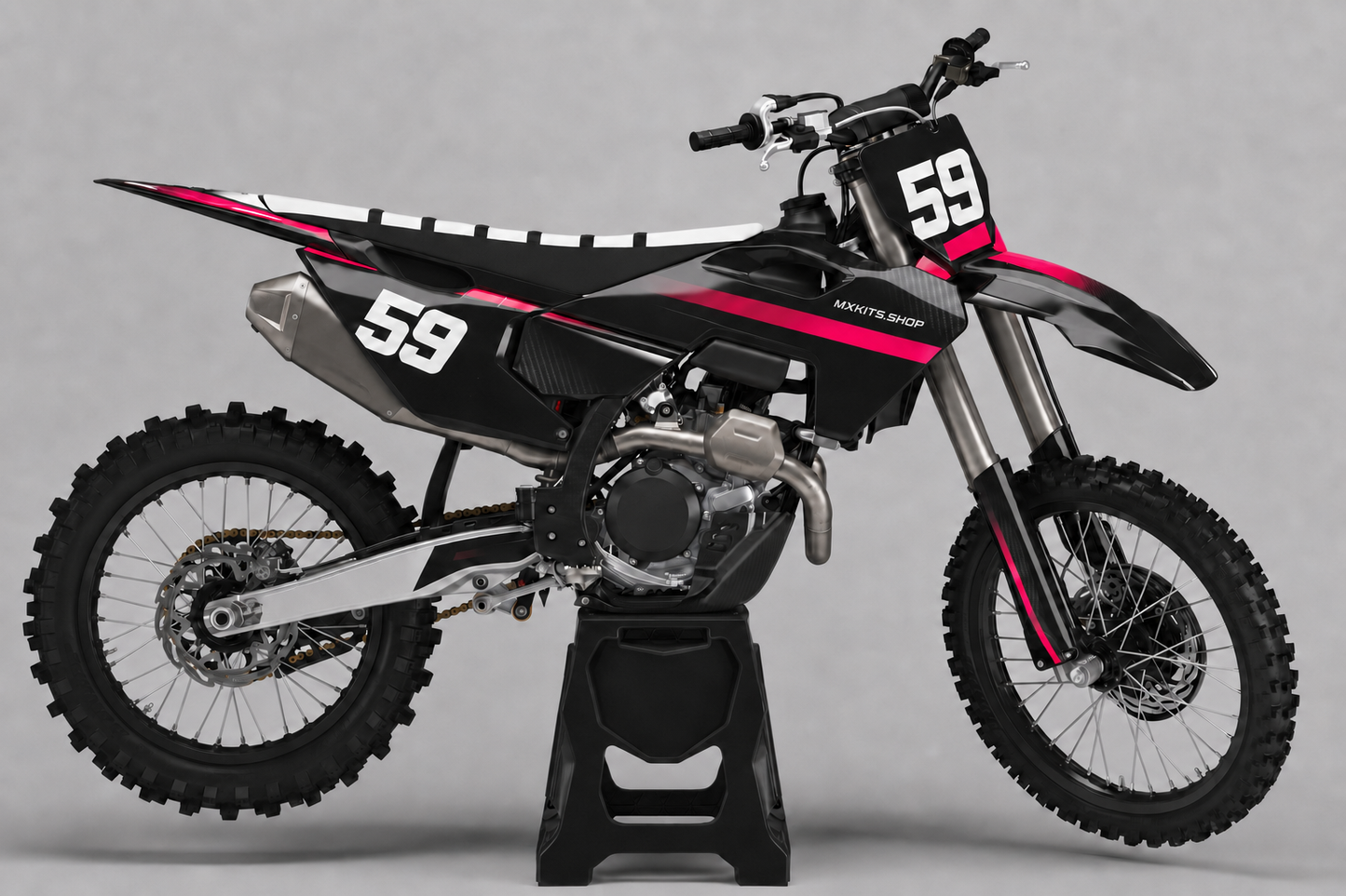 Black and hot pink Husqvarna MX decal kit with number 59 on the front plate and rear side panel