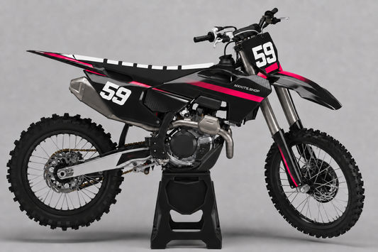 Husqvarna-MX-Dekor-Kit in Schwarz und kräftigem Pink mit Startnummer 59 auf der vorderen Startnummerntafel und dem hinteren Seitenteil