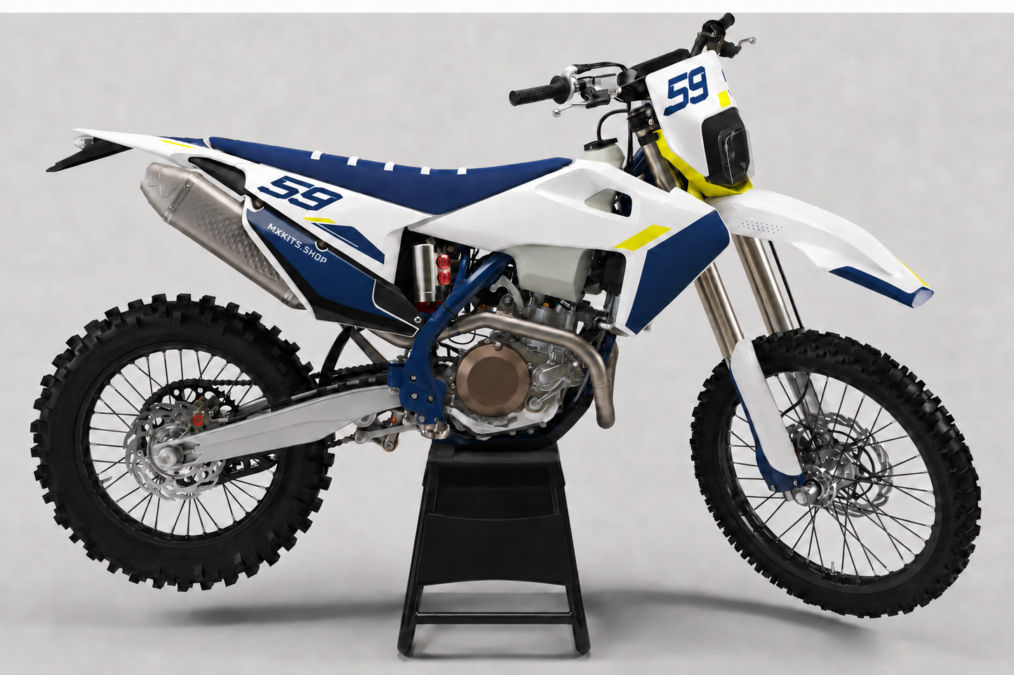 White and navy Husqvarna motocross decal kit with yellow accents, number 59 and a plain black stand
