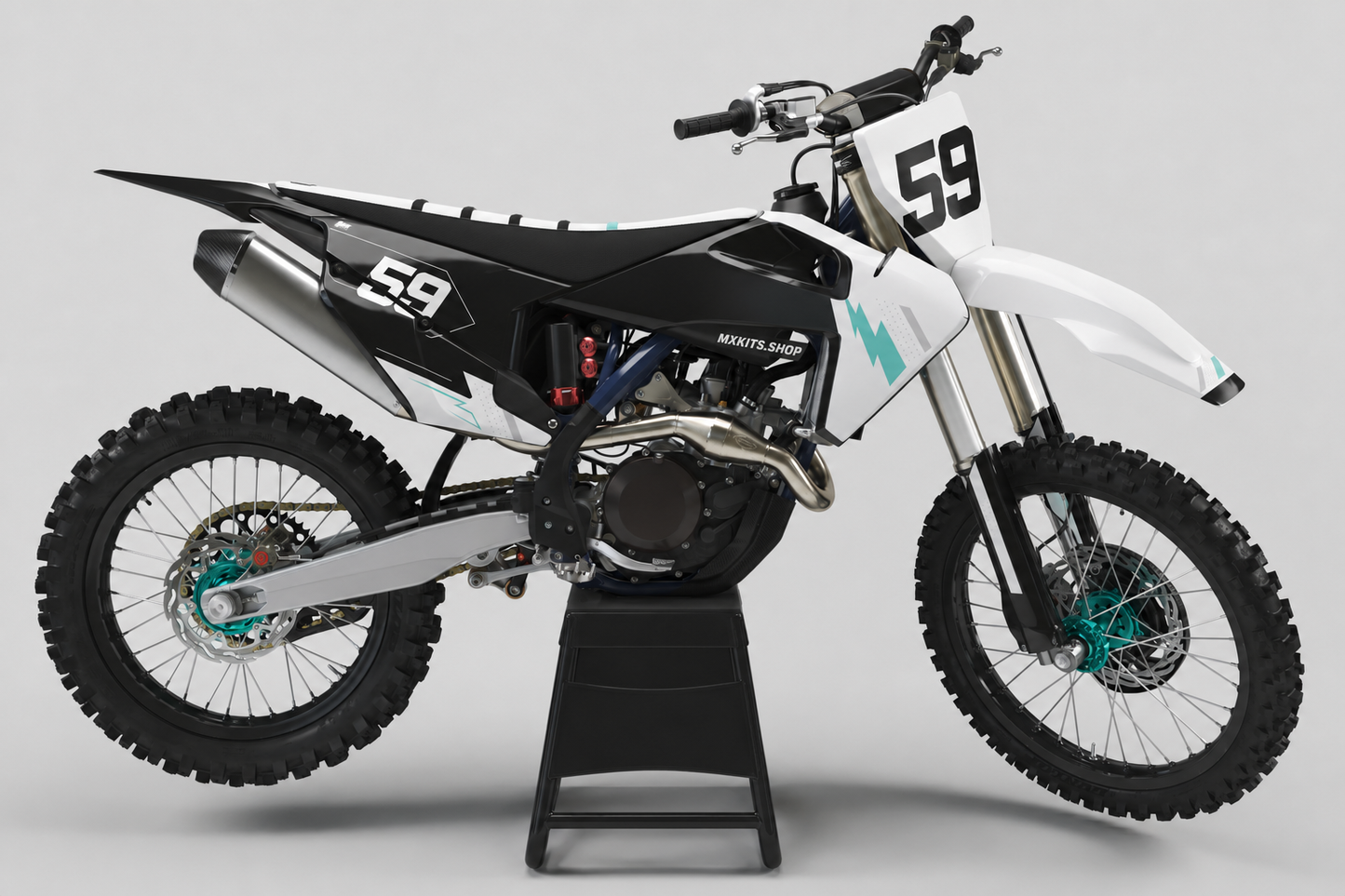 Black, white and mint teal Husqvarna motocross decal set with number 59 and pulse shaped graphics