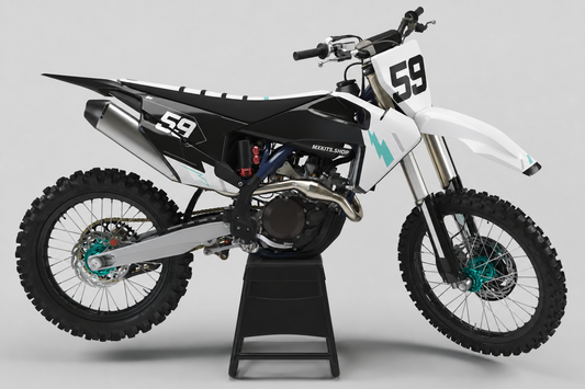 Schwarz-weiß-minttürkises Husqvarna-Motocross-Dekor-Kit mit Startnummer 59 und pulsartigen Designelementen