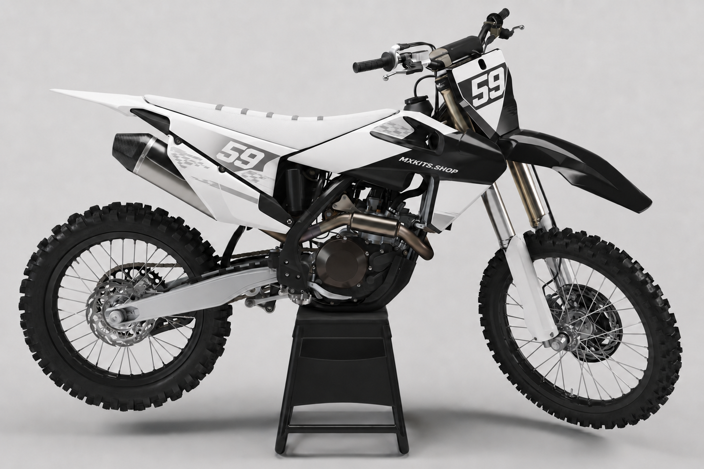 White, light grey and black Husqvarna motocross graphics with number 59 and subtle checker textures