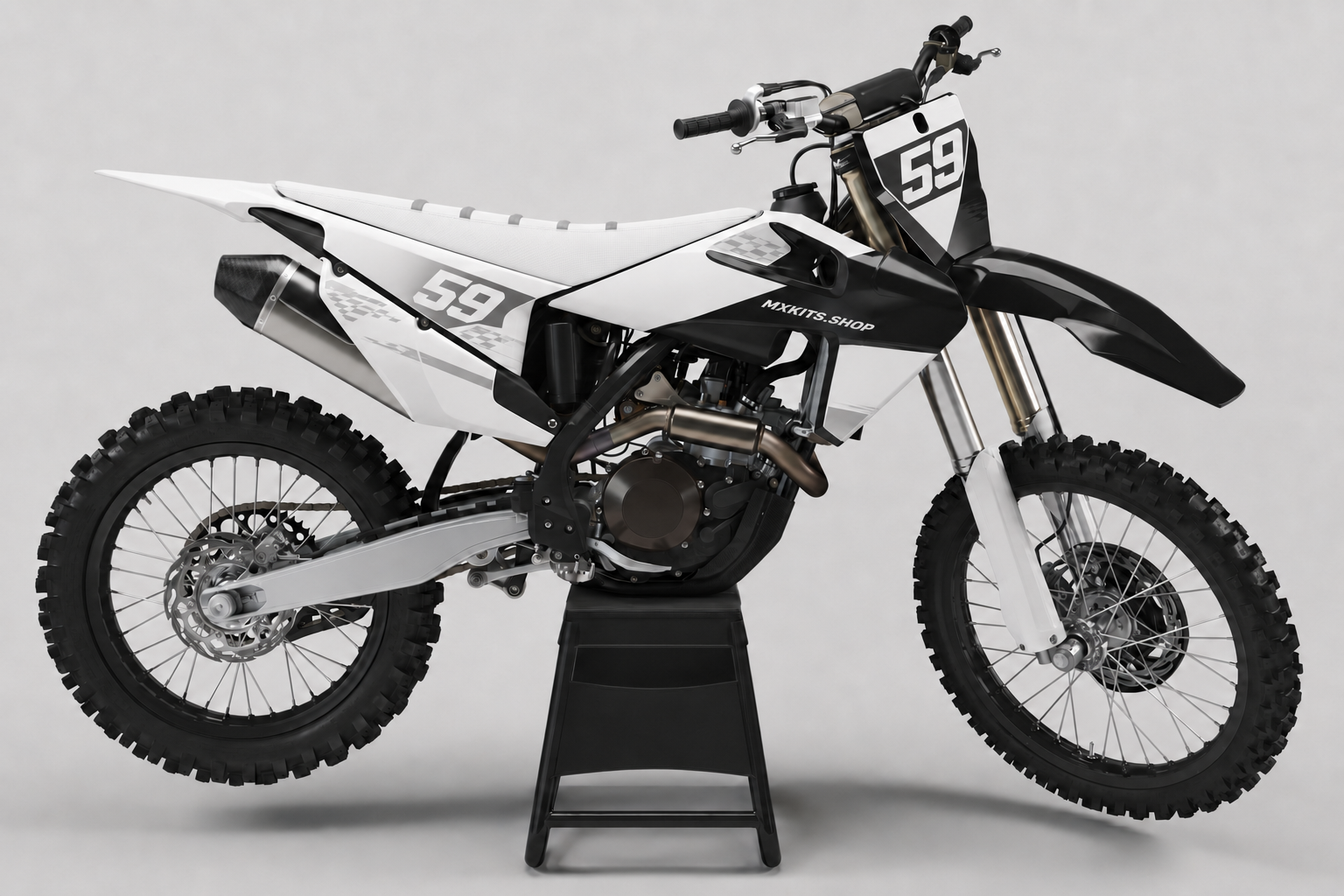 White, light grey and black Husqvarna motocross graphics with number 59 and subtle checker textures