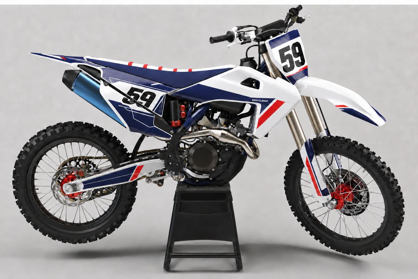 Navy, white and red Husqvarna motocross graphics with number 59 and fine technical line accents