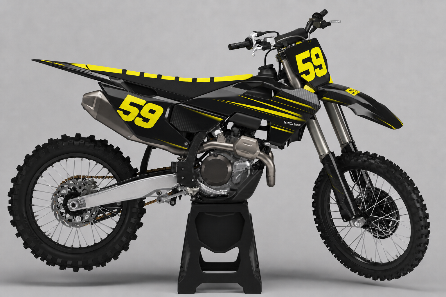 Black fluorescent yellow Husqvarna motocross decal set with number 59 on a plain black bike stand