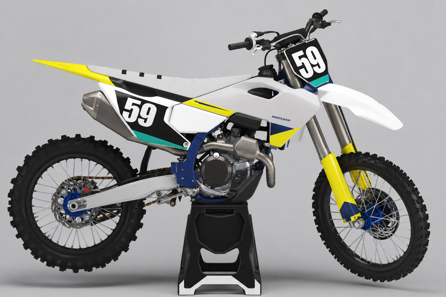 White navy yellow and teal Husqvarna custom graphics kit with number 59 on two number panels