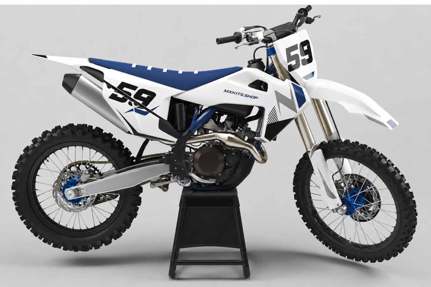 White, grey and navy Husqvarna motocross graphics featuring number 59 and geometric colour blocks
