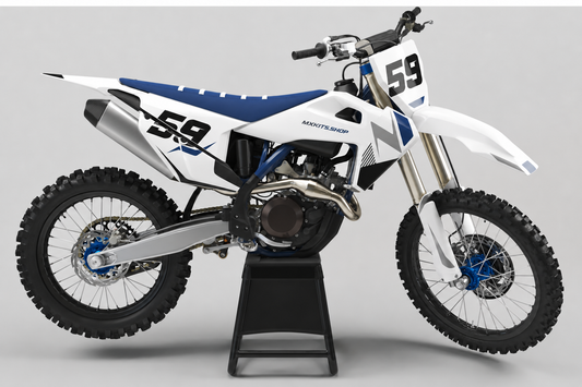 Weißes, graues und marineblaues Husqvarna Motocross-Dekor mit Startnummer 59 und geometrischen Farbflächen